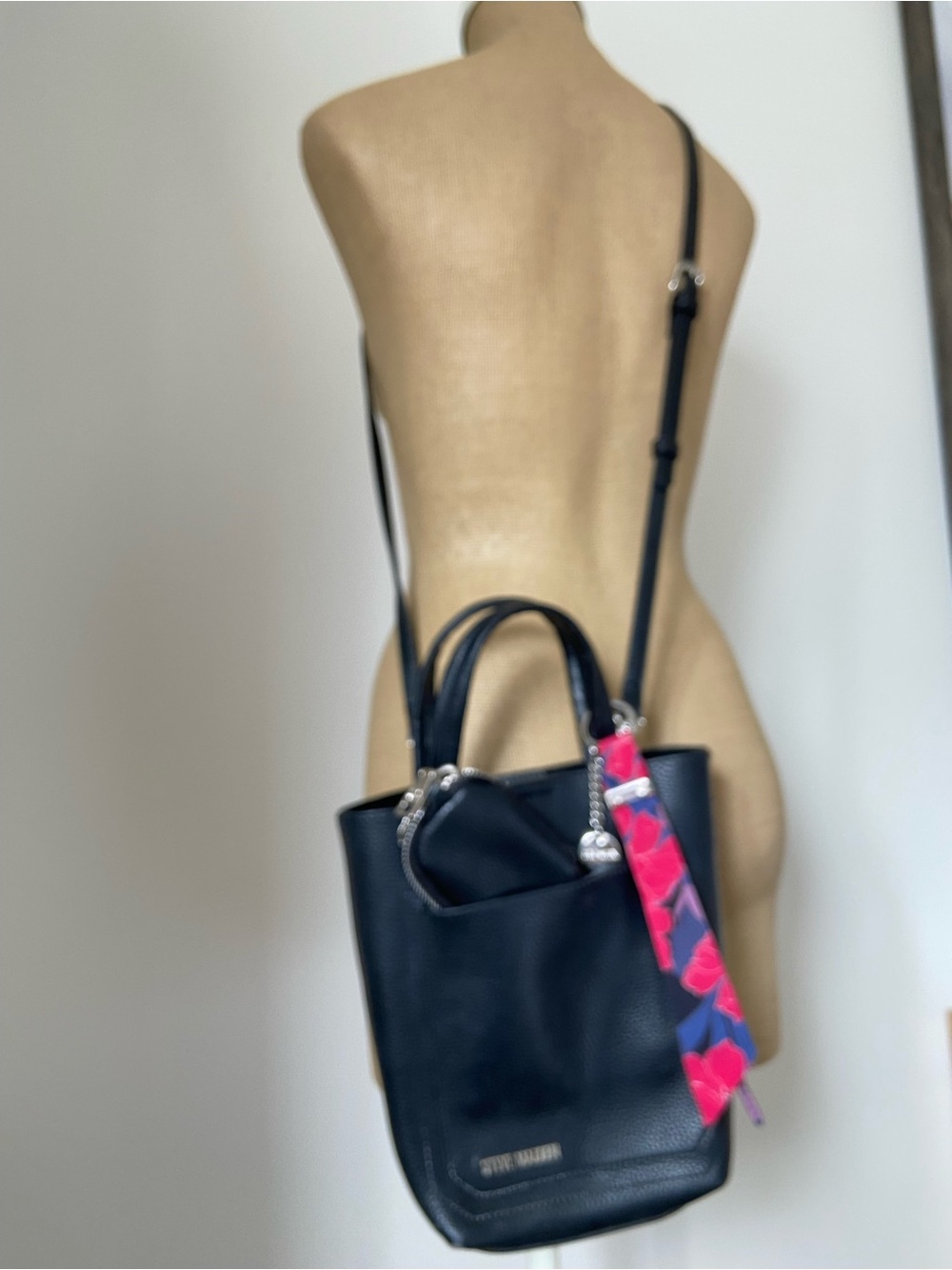 Steve Madden Black Crossbody Tote with Pink Floral Strap Accent - Picture 3 of 7